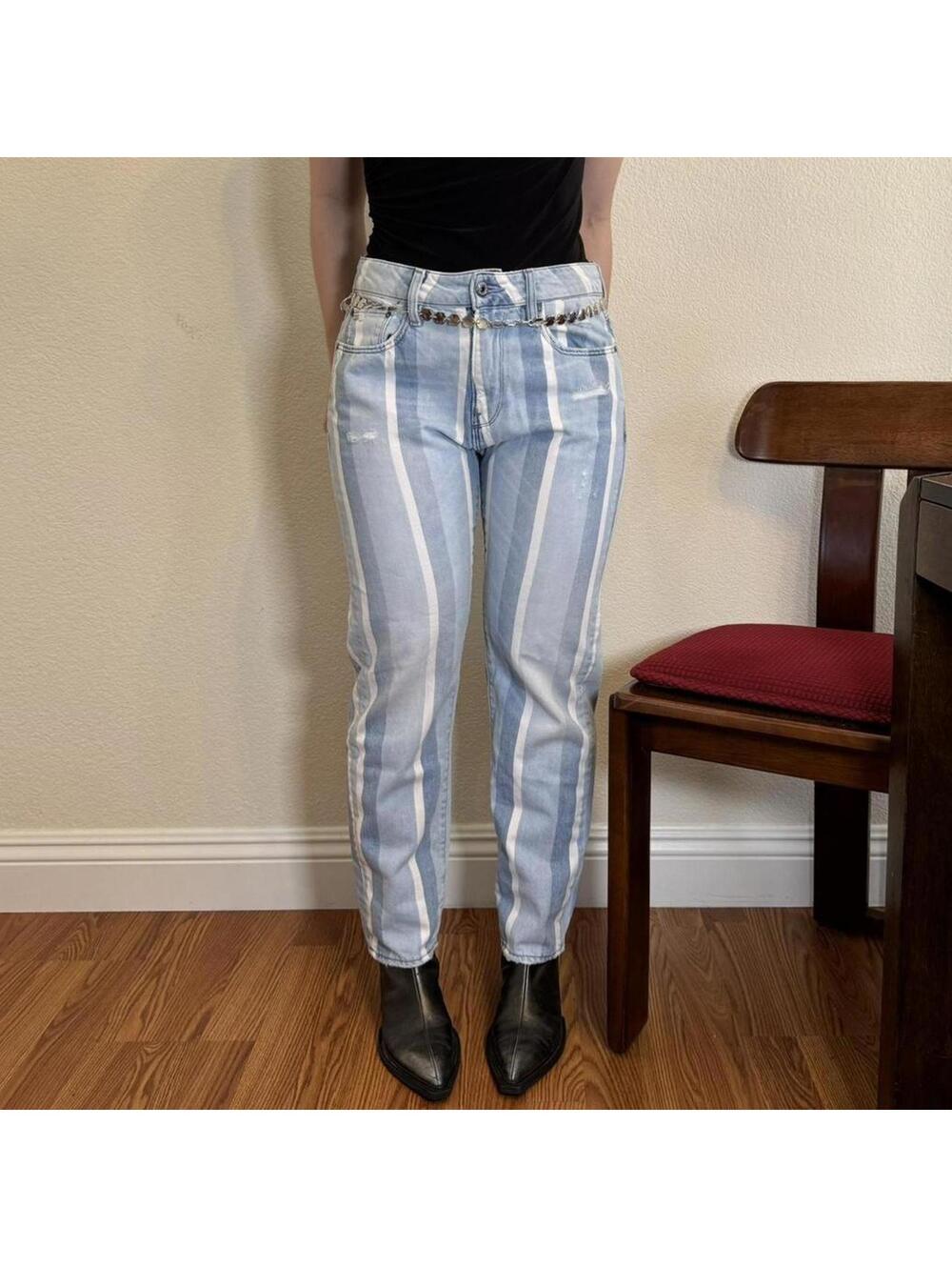 G-star Raw Boyfriend Jeans Womens 27 Blue White Stripe Light Wash Distressed